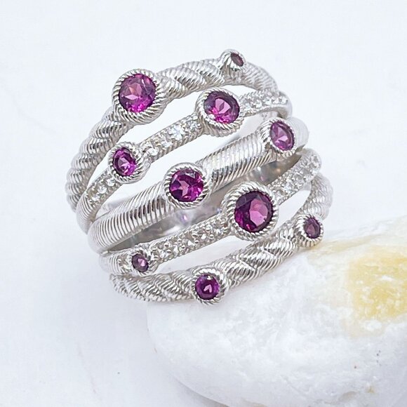 Judith Ripka 925 Sterling Silver Amethyst Stones Multi-Band Size 8.5 - Picture 1 of 8